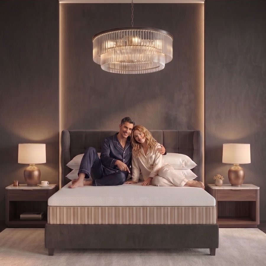 A couple relaxes on a modern bed in a styled bedroom. The bed has a dark gray upholstered frame, a striped beige and white mattress, and is flanked by matching nightstands with lit lamps.