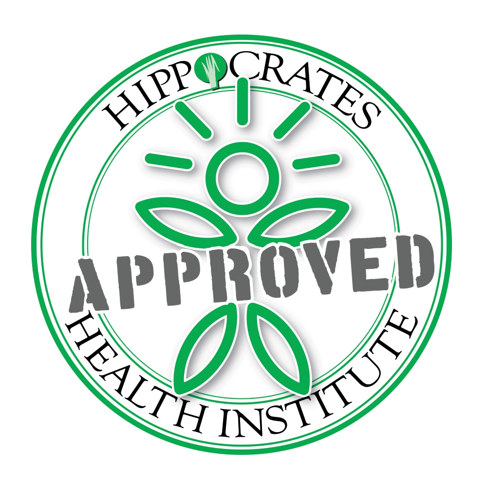 A circular seal features a stylized green human figure with leaf-like elements. The word
