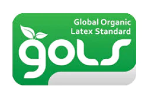 A green rectangular logo features a white stylized leaf and the text: “Global Organic Latex Standard” and “gols.” The design emphasizes organic certification within a modern, eco-friendly theme.