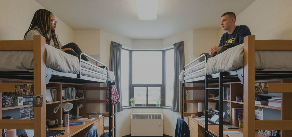 Students sitting in college dorm on top of bunk bed with desk under