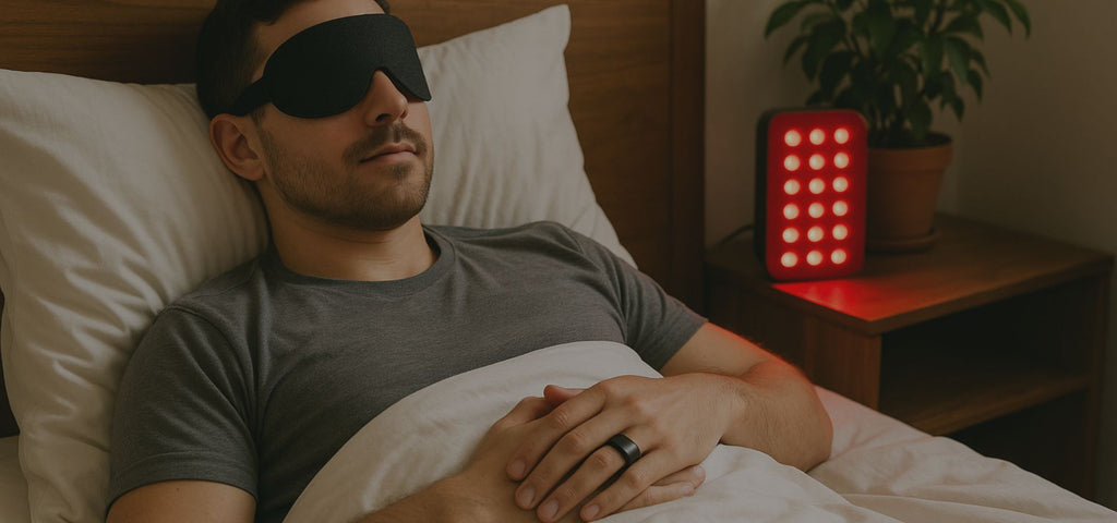 Man biohacking sleep with modern wellness tools in a clean sleep environment