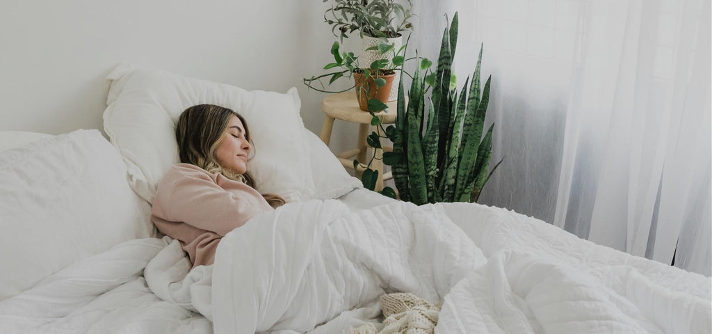 Woman wearing a pink sweater taking a nap in her bedroom, cuddled in a white comforter. Green plants are next to the bed.