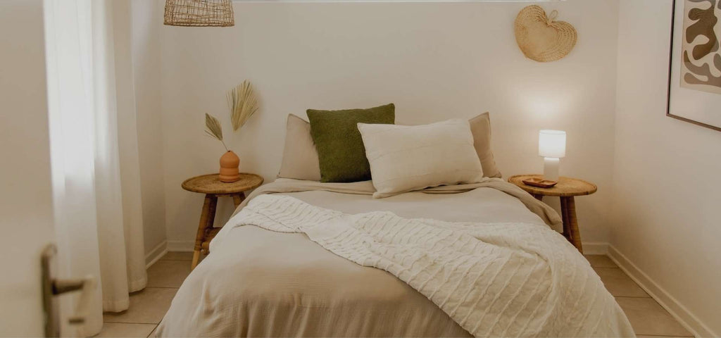 organic bedroom with a natural feel and beige comforter