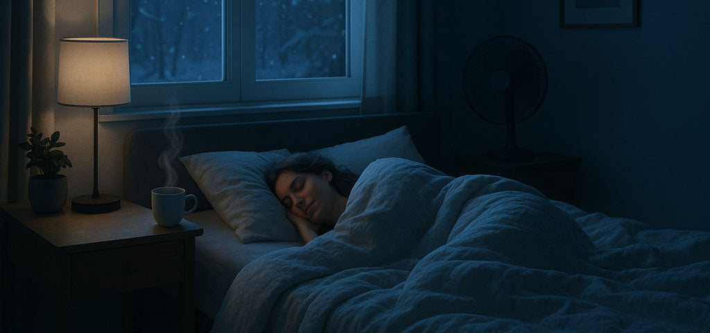 Woman sleeping peacefully in a cozy and cold bedroom with a hot cup of tea on the nightstand
