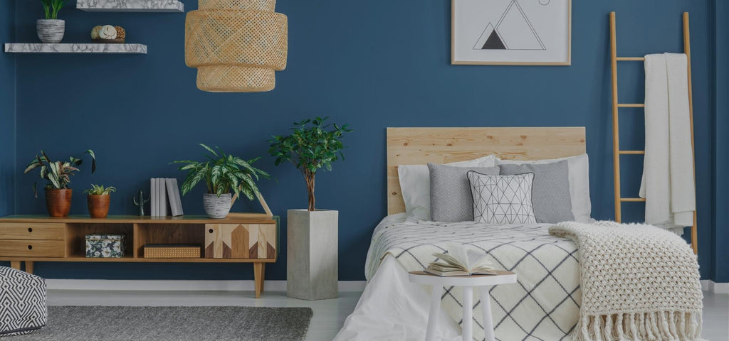 Clean modern bedroom with a calming blue wall