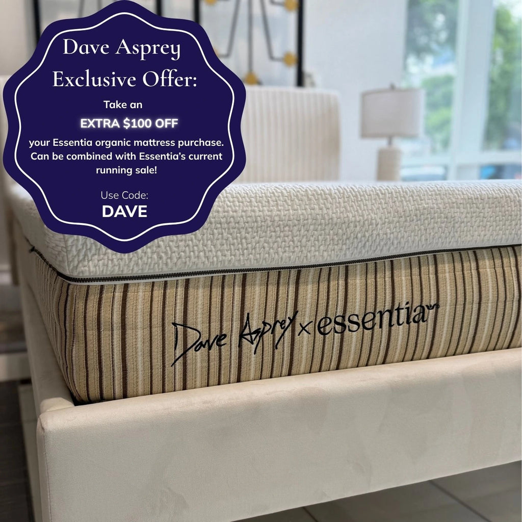 Mattress with 'Dave Asprey x Essentia' branding and promotional text overlay.
