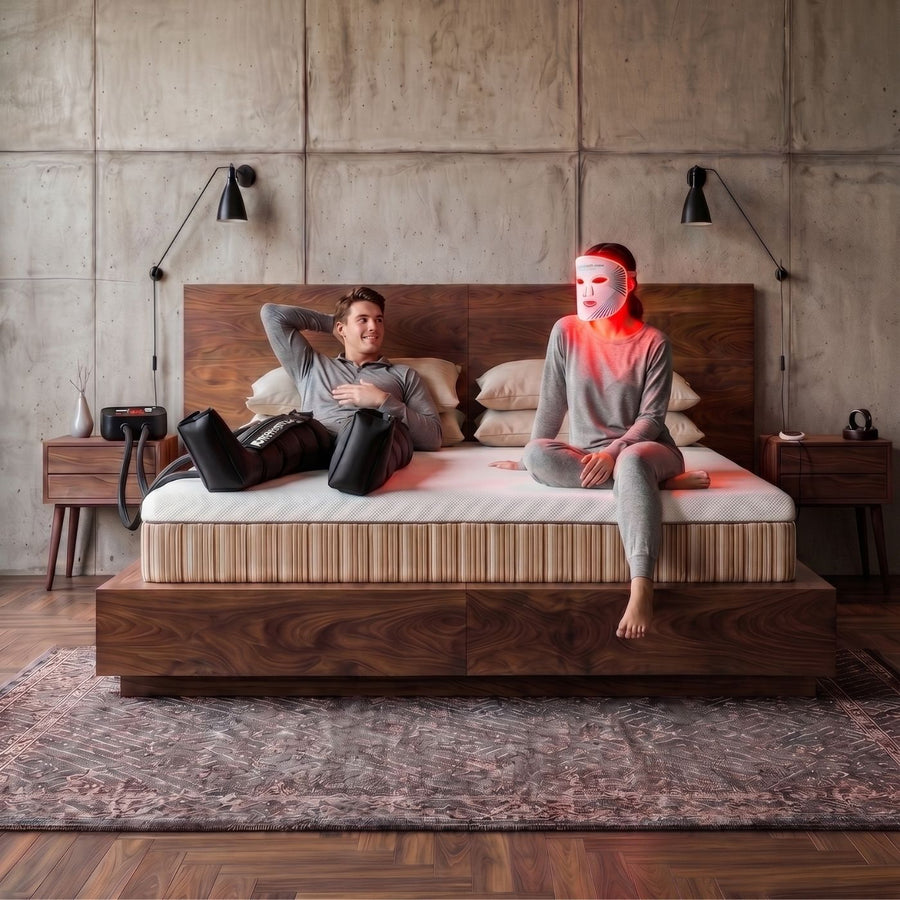 A man and a woman sit on a dark wood platform bed in a modern bedroom with concrete walls. The woman wears a white face mask that glows with red light, and the man wears black thigh-high compression sleeves.