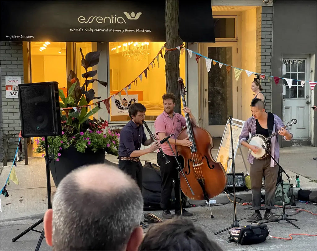 Band playing in front of the Essentia showroom at the Beaches Jazz Festival