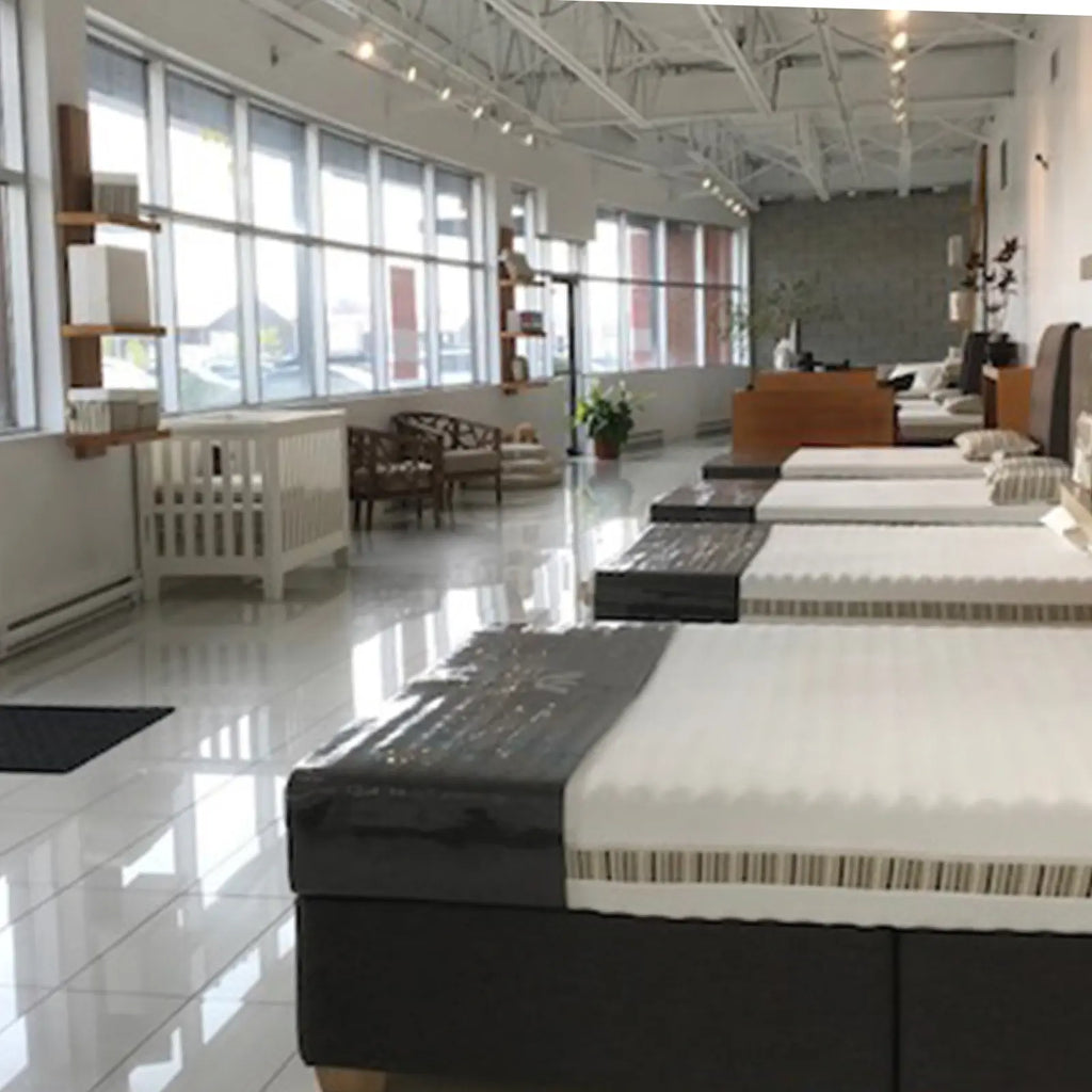 Essentia Laval showroom interior. A beautiful bright space with mattresses to test and view.