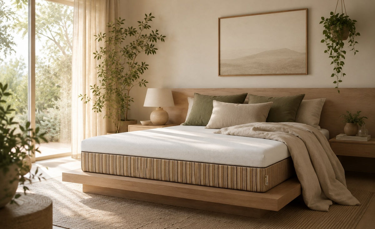 A modern platform bed with an Essentia organic mattress, styled in a bright, minimalist bedroom with beige walls, green pillows, and plants.