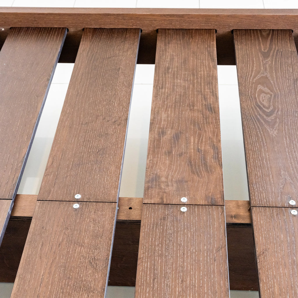 Close up of the slat system of the Mesa wood bed frame