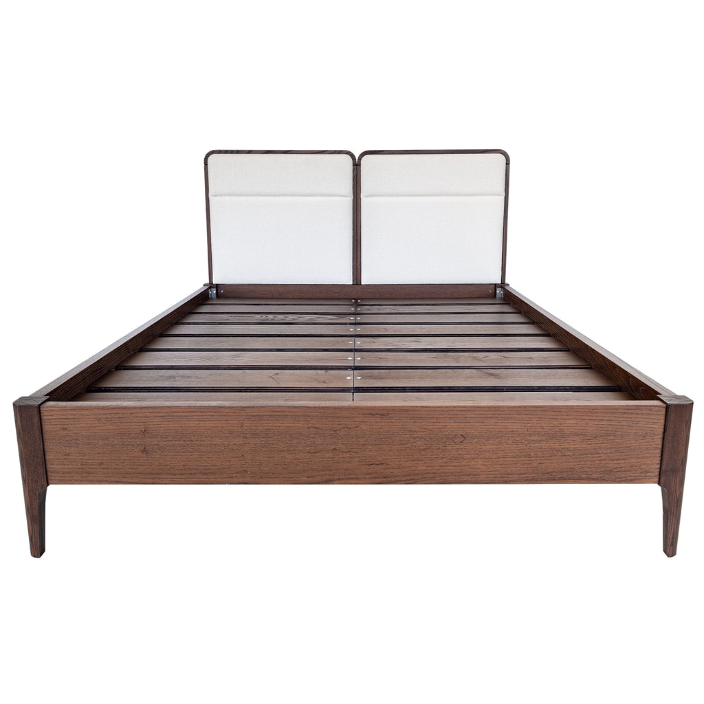 Essentia Mesa wood bed frame is shown straight on so you can see the upholstered headboard