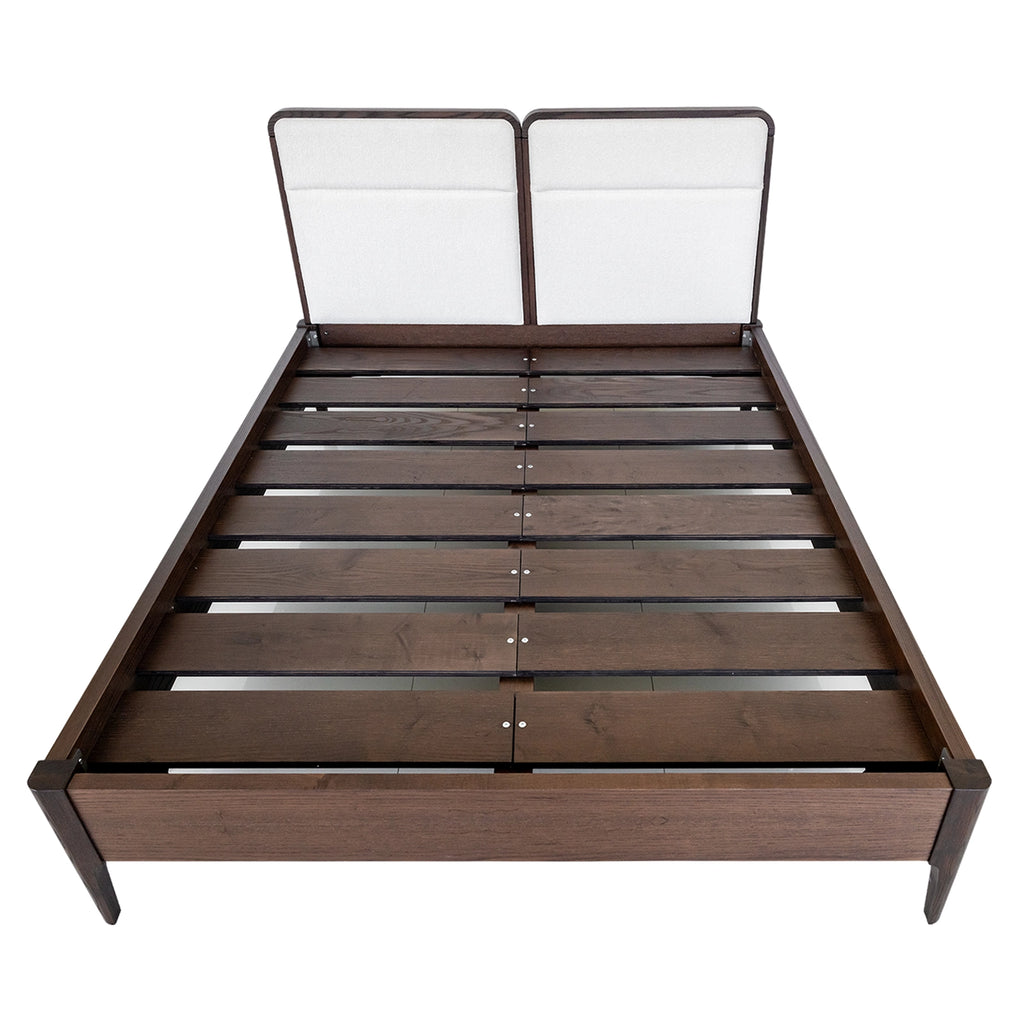 Essentia Mesa wood bed frame is shown straight on so you can see the upholstered headboard and slats