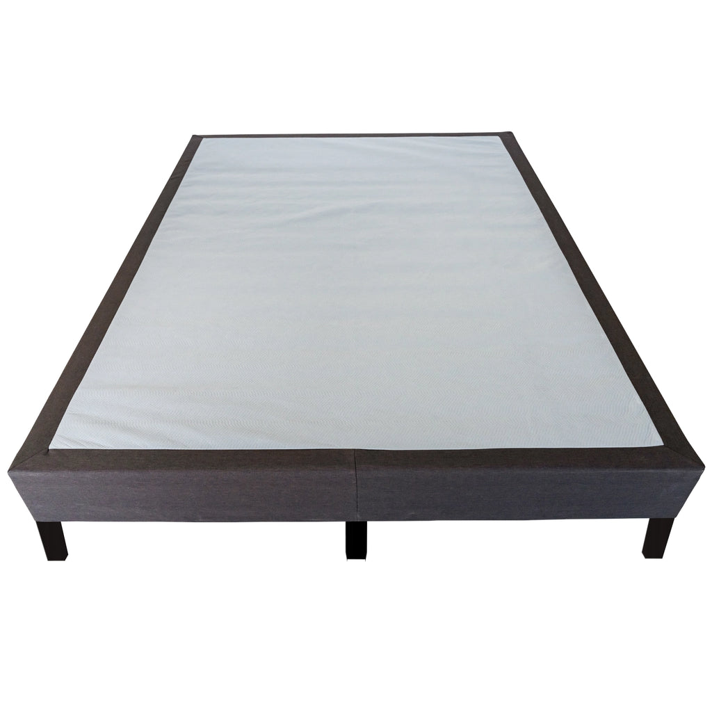 Platform bed frame with light grey upholstered sides and dark brown trim, no mattress, simple modern design.