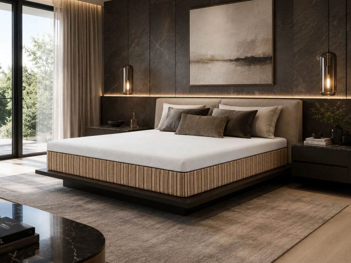 Essentia organic mattress shown in a modern luxury bedroom.