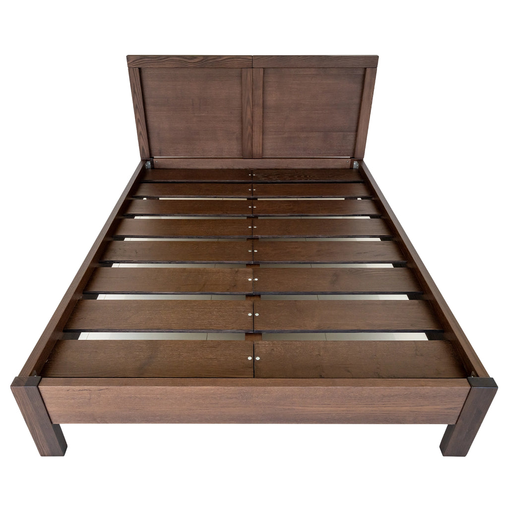 Essentia Tosca wood bed frame is shown straight on so you can see the solid wood headboard and slats