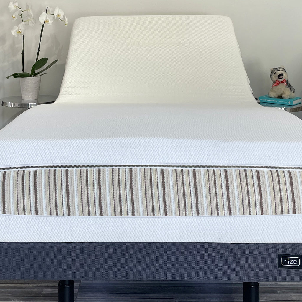 Essentia Venti Organic Latex Double Sided Mattress shown on the Rize Adjustable Foundation 2.0