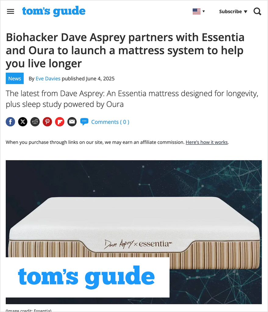 Tom's Guide article about Dave Asprey's mattress system partnership with Essentia and Oura.