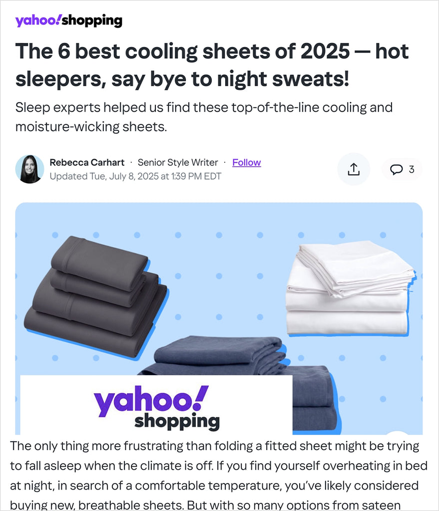 Yahoo Shopping article about the best cooling sheets of 2025 with images of black and white sheets.